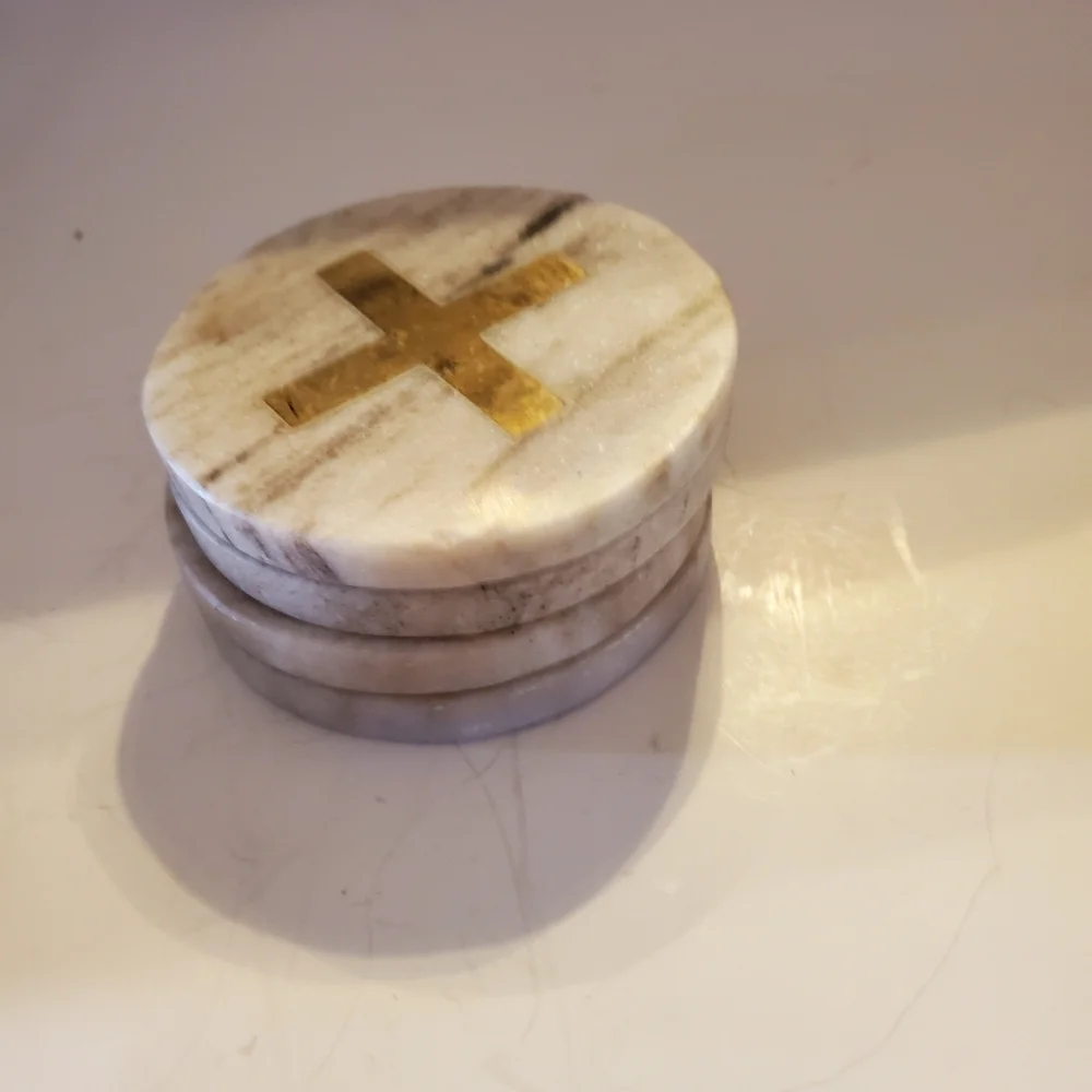 White Marble and Brass Inlay Cross Coasters Set of 4 Round Stone Drink Coasters